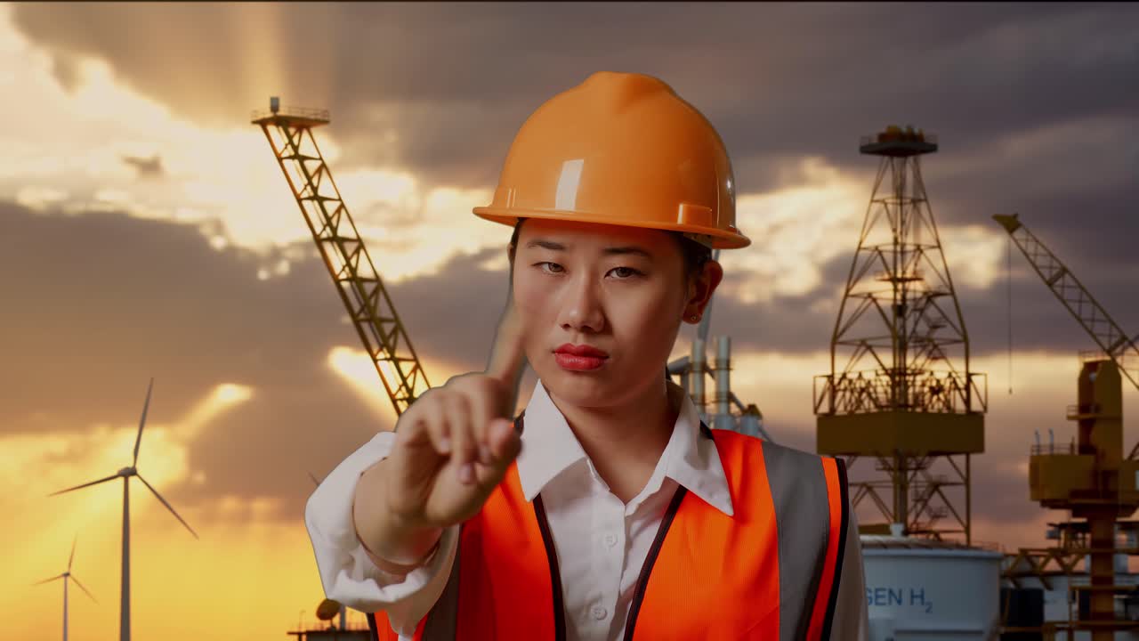 Engineer Preventing Action on Offshore Rig at Sunset