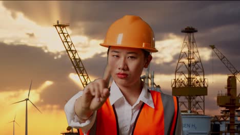 ingeniero que impide la acción en la plataforma en alta mar al atardecer