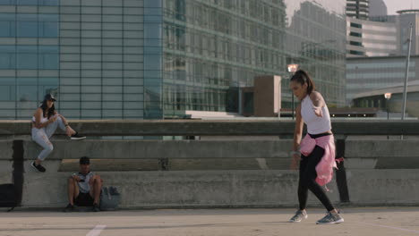 dancing woman young hip hop dancer performing freestyle moves multi ethnic friends watching enjoying urban dance practice on street