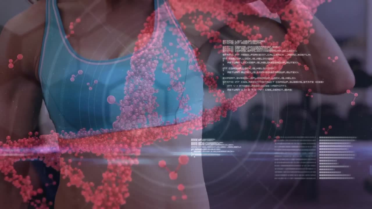 animación de la hilera de adn y procesamiento de datos sobre una mujer fuerte haciendo ejercicio