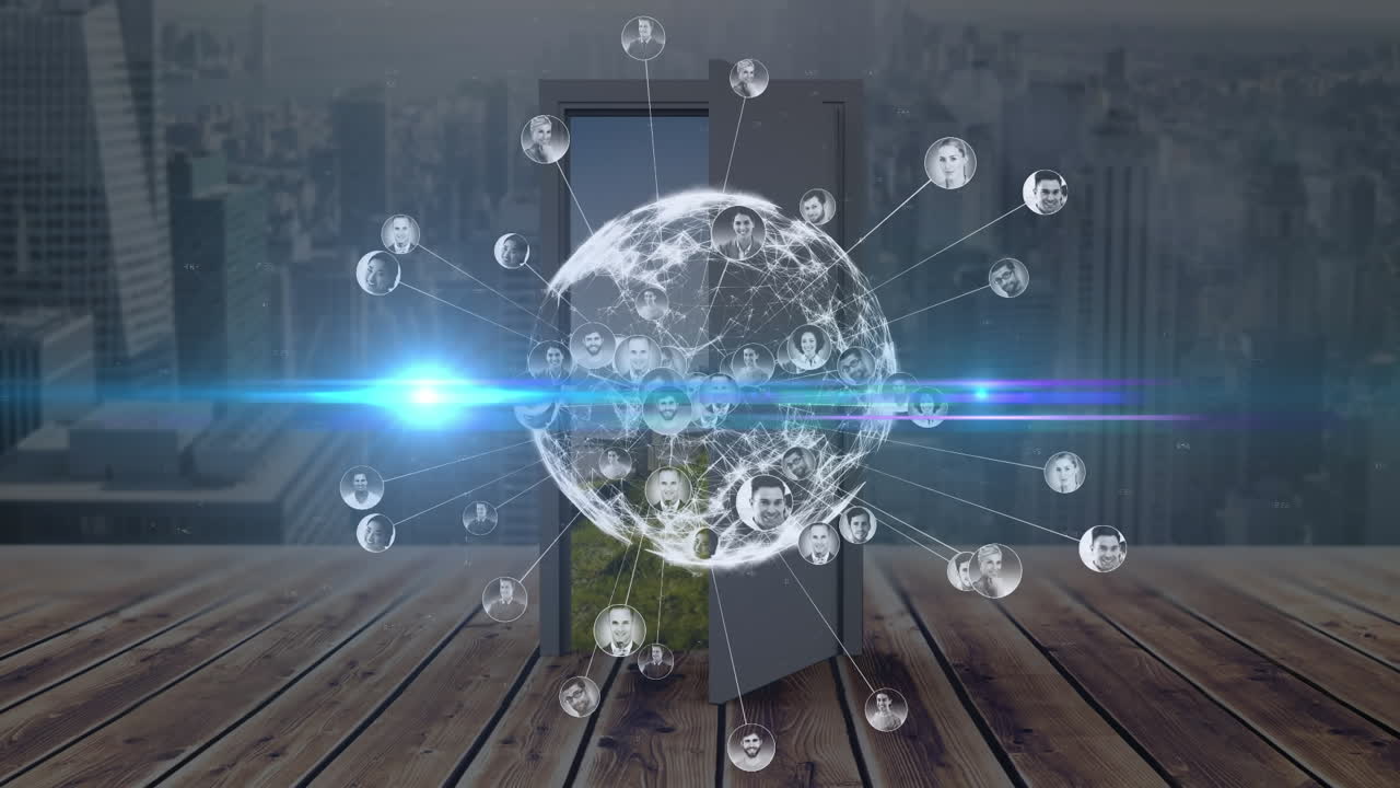 animación de senderos de luz y globo con personas diversas sobre el paisaje urbano