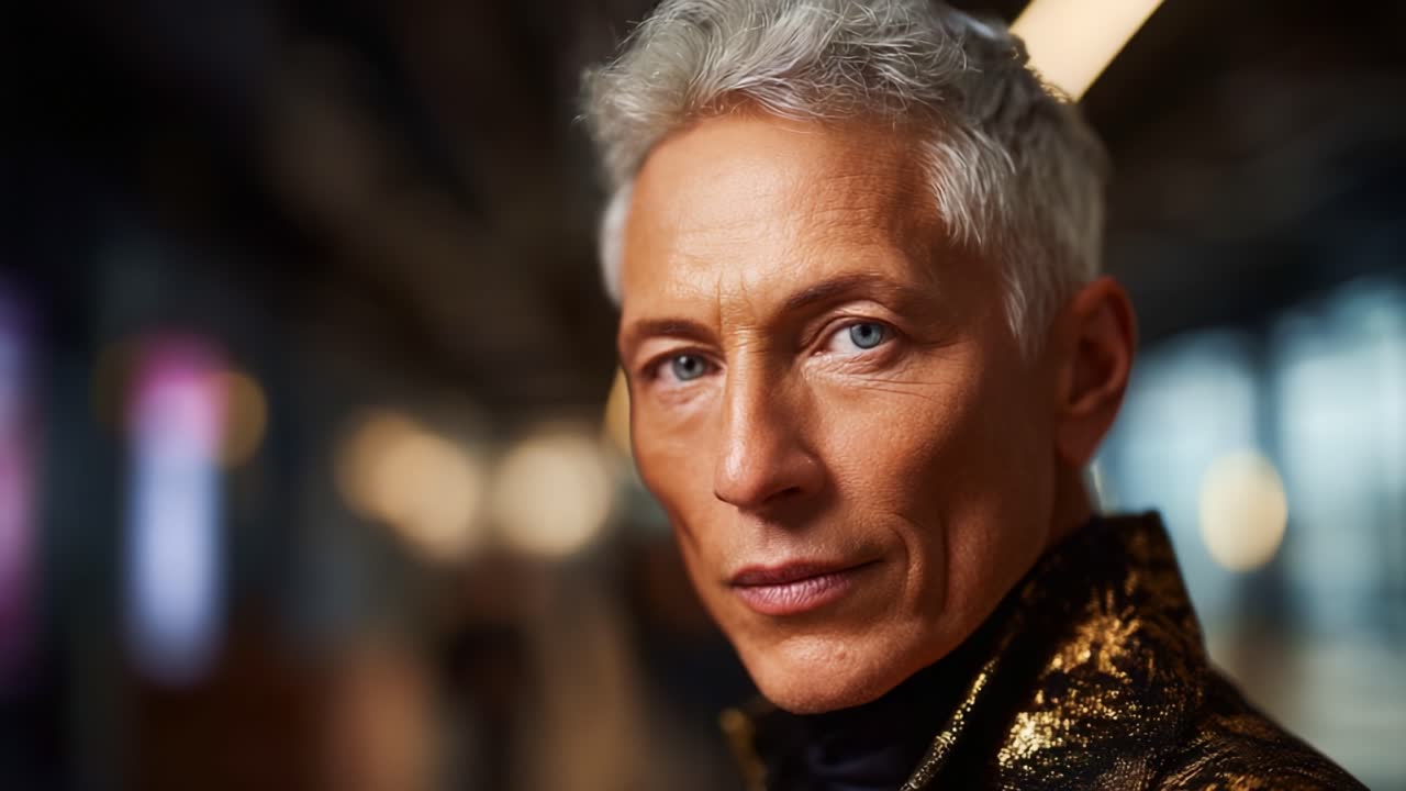 Un ritratto straordinario che mette in risalto un individuo sicuro di sé con sorprendenti occhi azzurri ed eleganti capelli argentati, che riflettono la moda moderna e il carisma in un ambiente affascinante