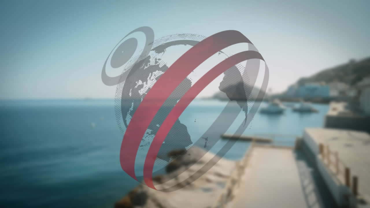 Rotating globe animation over coastal landscape with clear blue sky