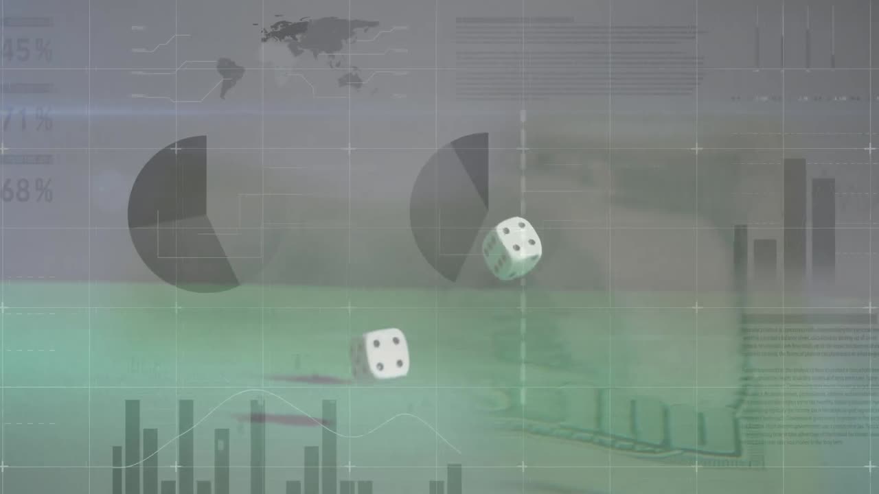 Animation of data processing over banknotes and dices