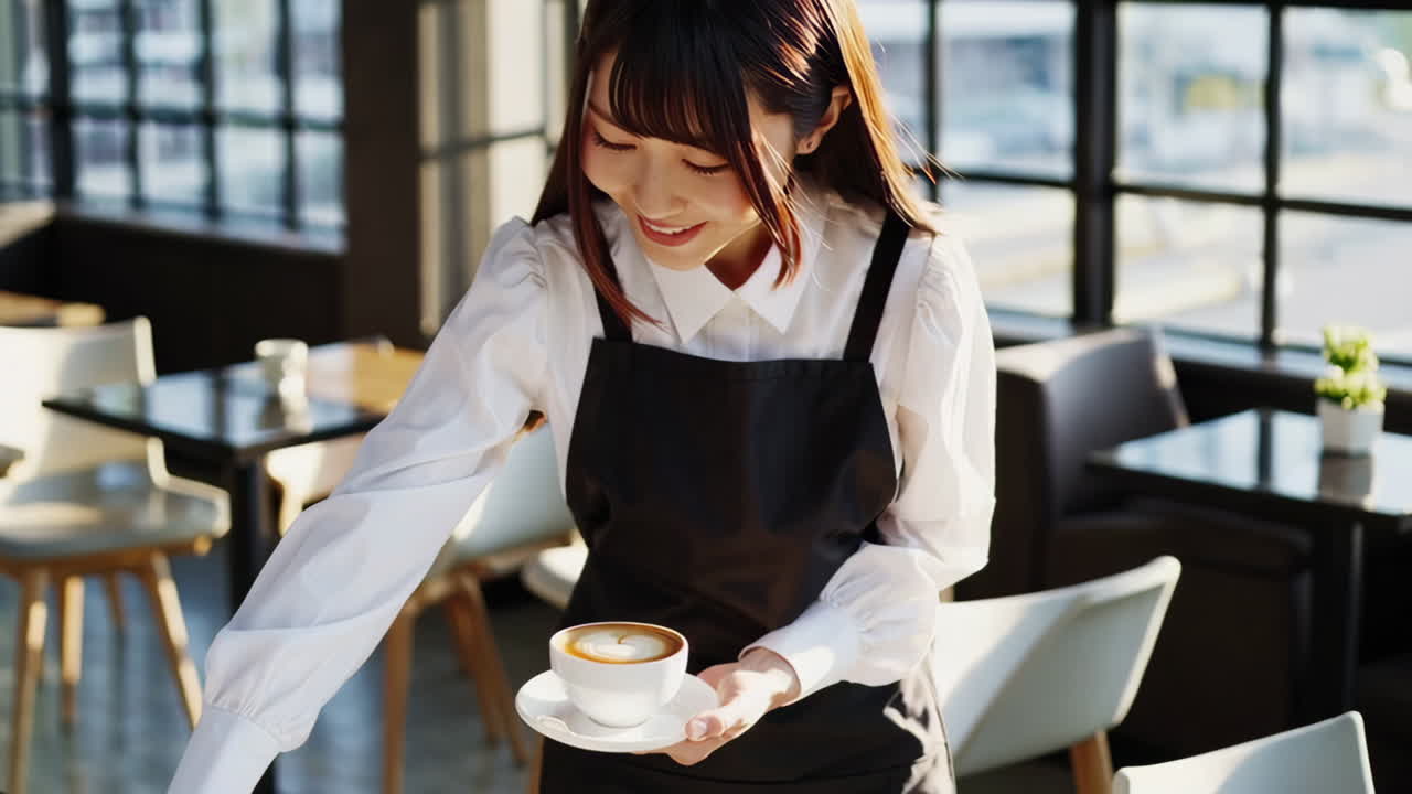 Young Asian Woman Serving Latte in a Cafe