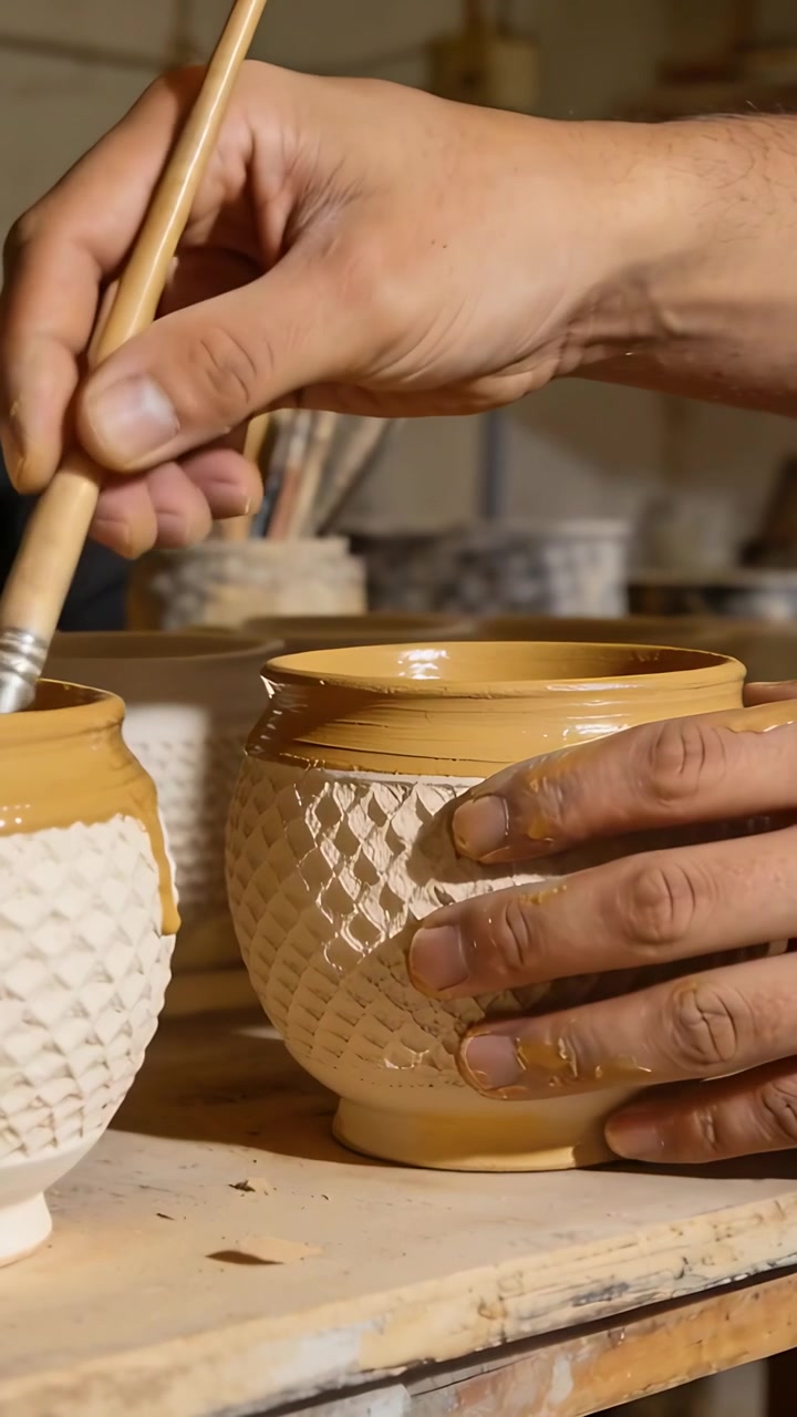 Video vertical: Mano derecha de artesano esmaltando los bordes de una vasija con un pincel plano en un estudio.