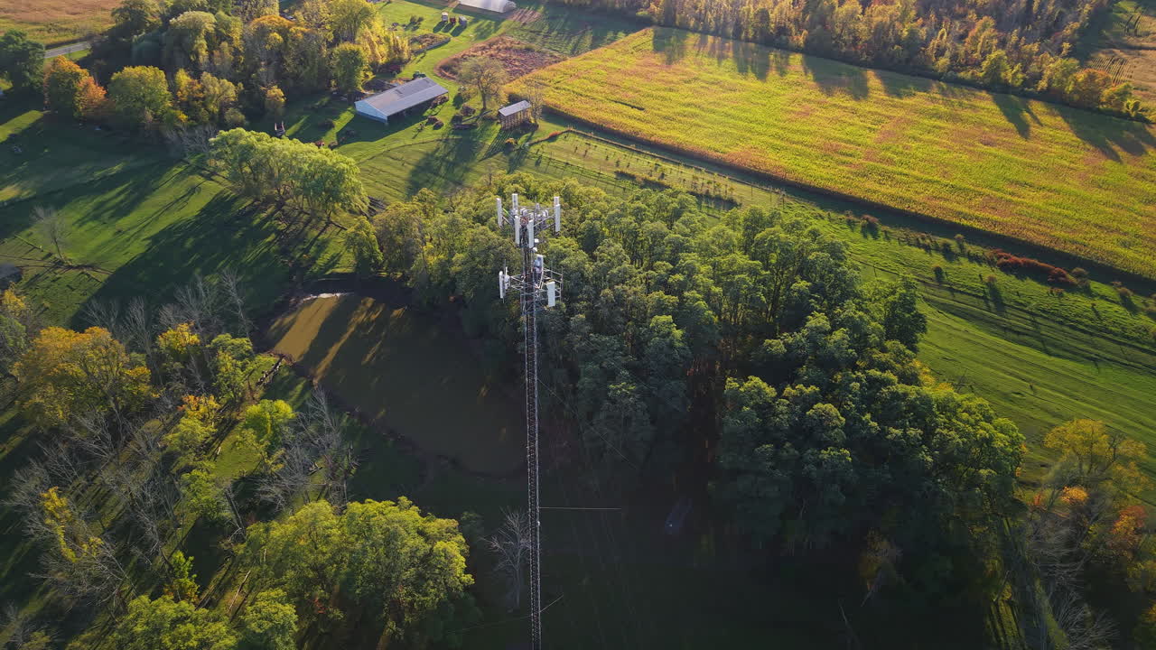 Aerial View of a Cell Tower in a Rural Landscape