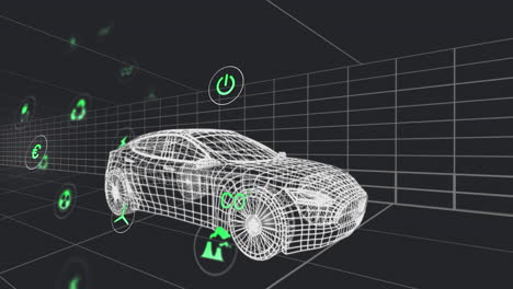 animación de iconos digitales sobre un modelo de automóvil 3d que se mueve en un patrón sin costuras contra un fondo negro.