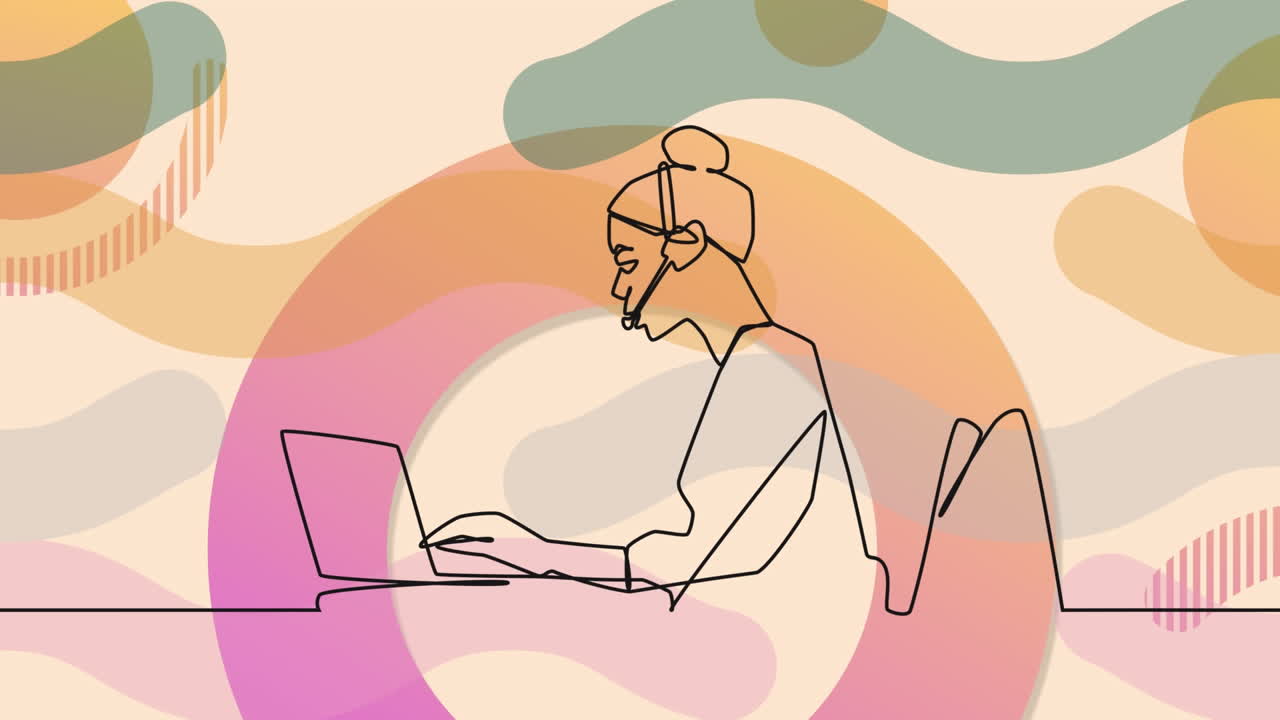 animación del dibujo de una mujer de negocios usando auriculares de teléfono sobre formas en movimiento