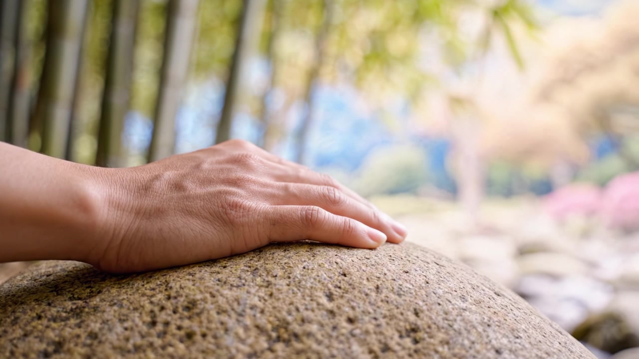 A Person's Hand Gently Touching a Beautiful Smooth Stone in a Serene Natural Environment Surrounded by Lush Bamboo and Softly Blurred Colors of Nature.