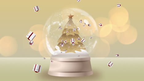 animation of falling presents over snow globe with christmas tree