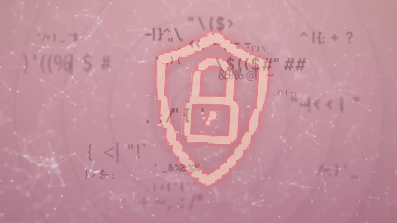 red de conexiones y símbolos cambiantes contra el icono de candado de seguridad en fondo rosa