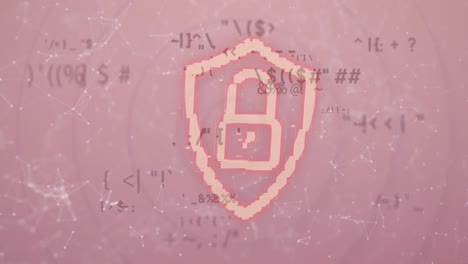 network of connections and changing symbols against security padlock icon on pink background