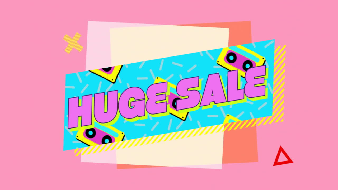 분홍색의 사각형 위에 레트로 카세트 배너에 분홍색으로 거대한 판매 텍스트의 애니메이션