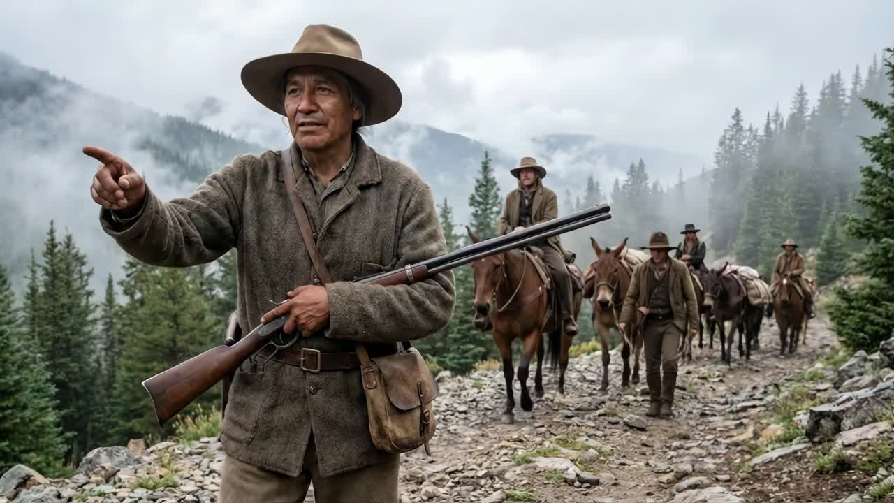 Group of Men with Horses and Rifles in a Western Landscape