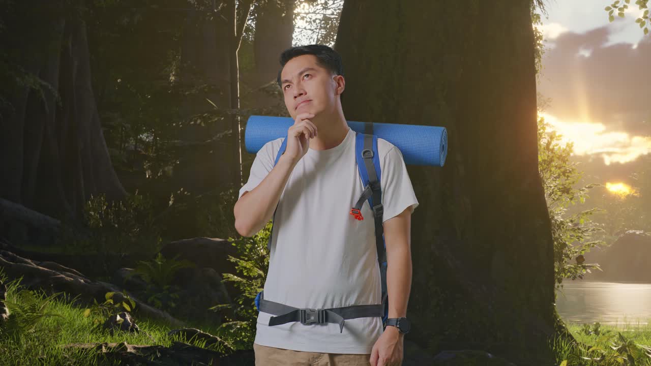 산책 하는 사람 이 숲 에서 해가 뜨는 것 을 상 하고 있다