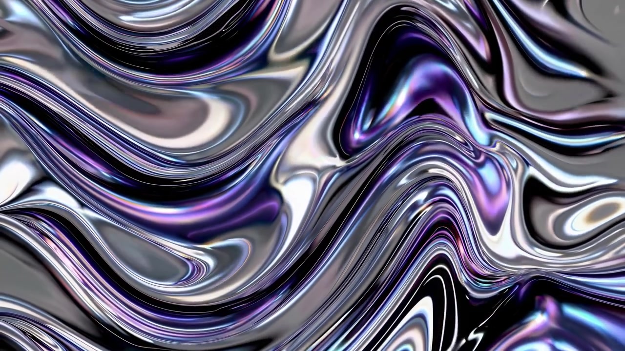 Abstract Liquid Metallic Surface with Iridescent Purple and Silver Flowing Waves