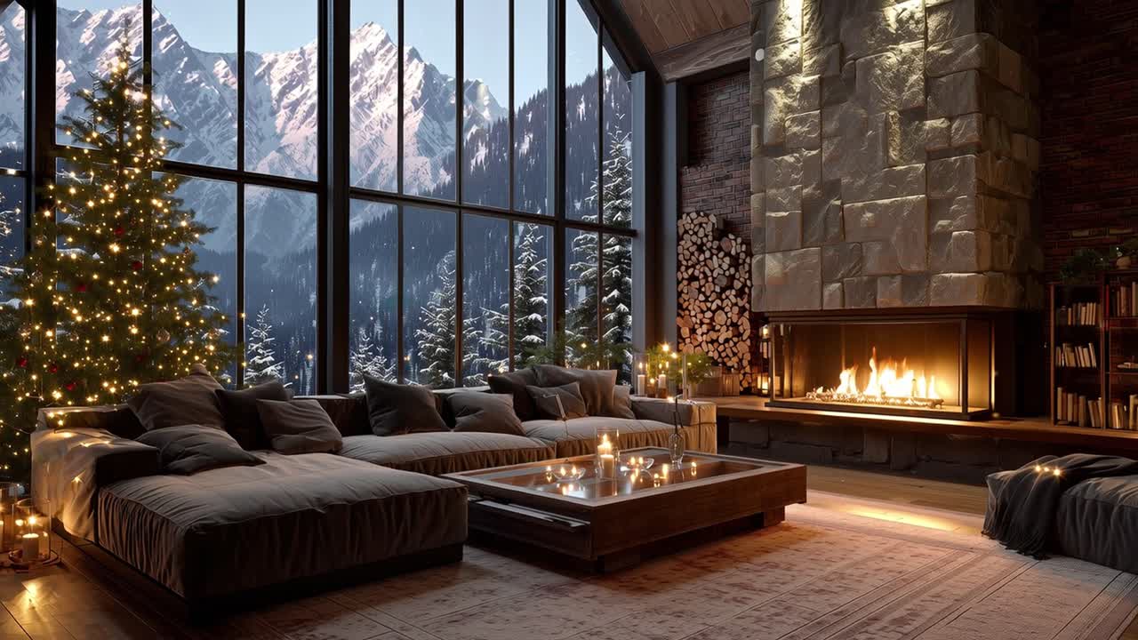 Accogliente soggiorno con albero di Natale e vista sulle montagne