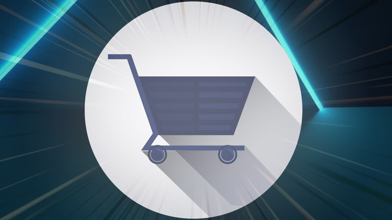 animación de espiral de neón azul, código qr y icono de carrito de compras en fondo negro