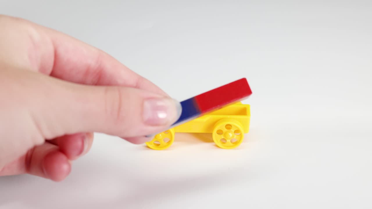 A hand moves a magnet near a yellow toy car, demonstrating magnetic attraction and repulsion on a white background