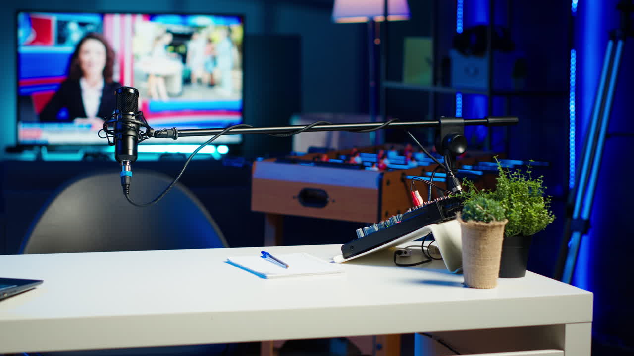 밤에는 rgb 조명으로 조명 된 현대 아파트에서 스트리밍 장비