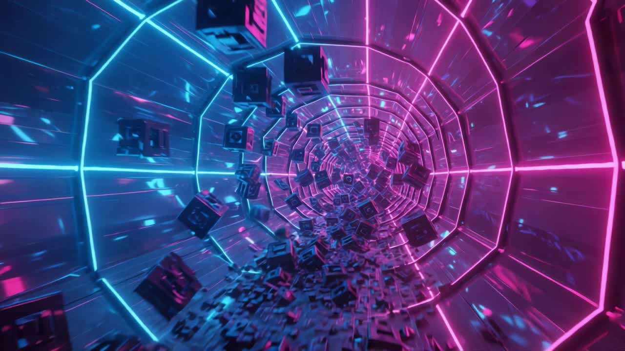 A Vibrant Journey Through a Digital Tunnel: Exploring the Mesmerizing Fusion of Neon Colors and 3D Shapes in a Stunning Virtual Space