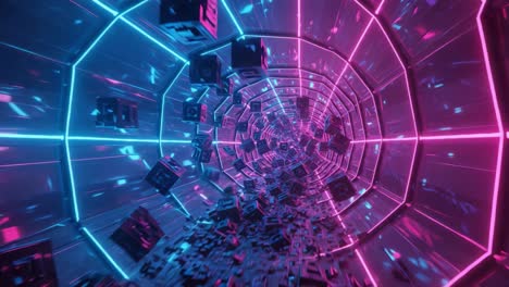a vibrant journey through a digital tunnel: exploring the mesmerizing fusion of neon colors and 3d shapes in a stunning virtual space