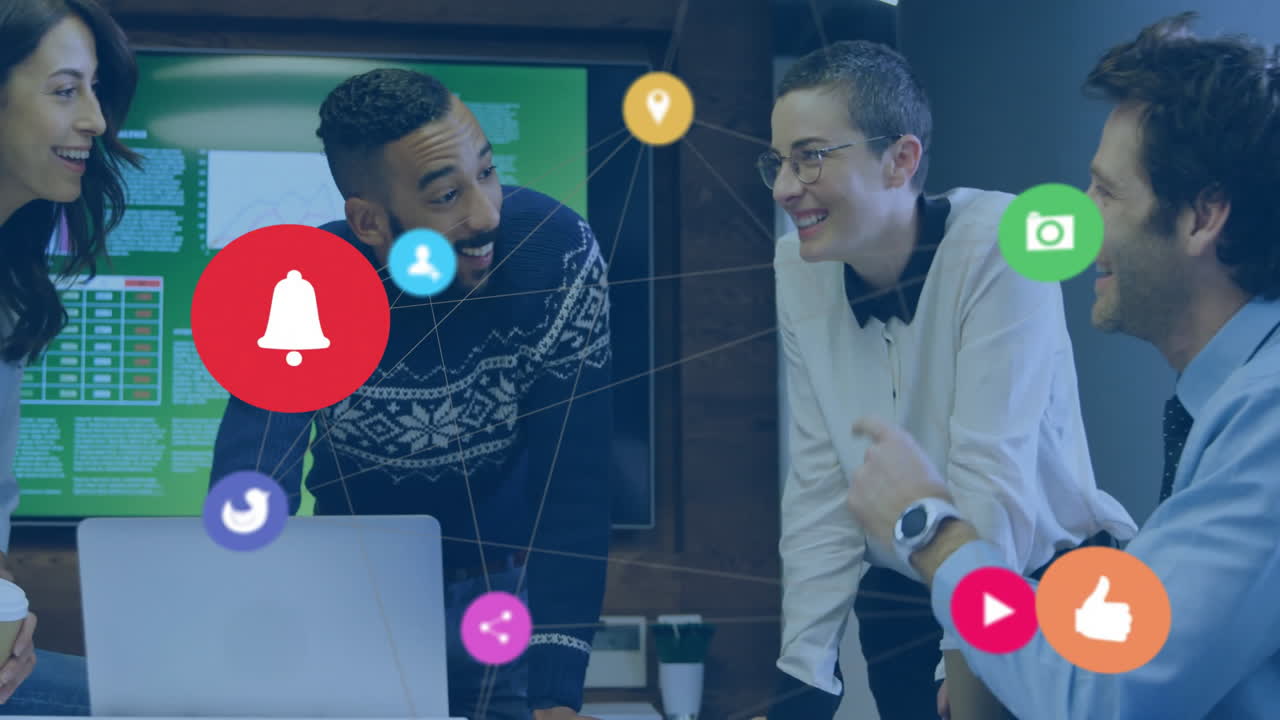 Team collaborating around office table, presenting tech concept with code graphs and floating icons