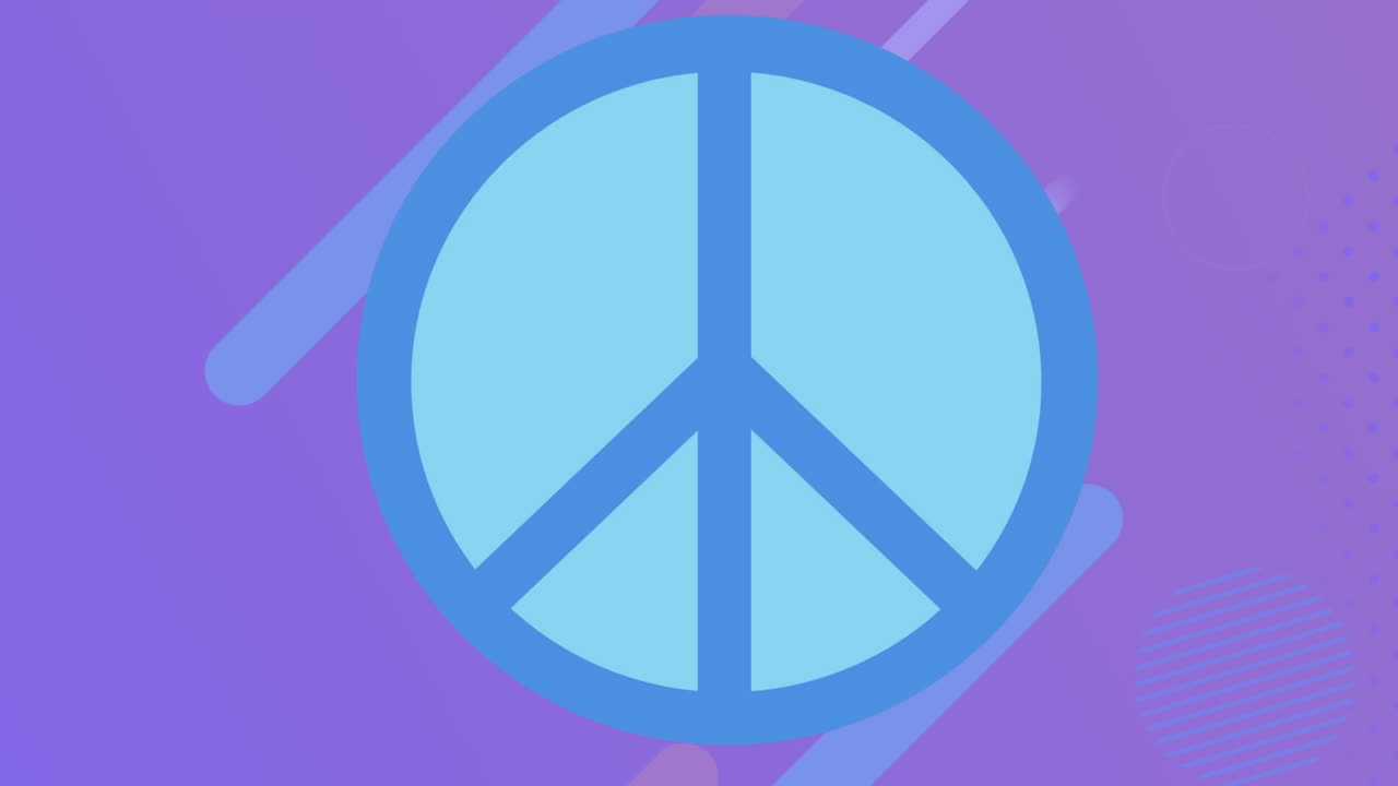 보라색 배경에 움직이는 모양 위에 파란색 원에 파란색 평화 상징의 애니메이션