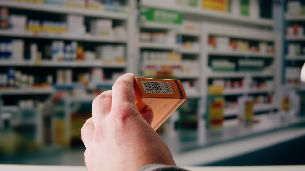 Scanner scan delivery box in pharmacy drug store storage, E-commerce shop, man packing goods and clothes second hand delivery market, courier Packaging and Shipping Workspace