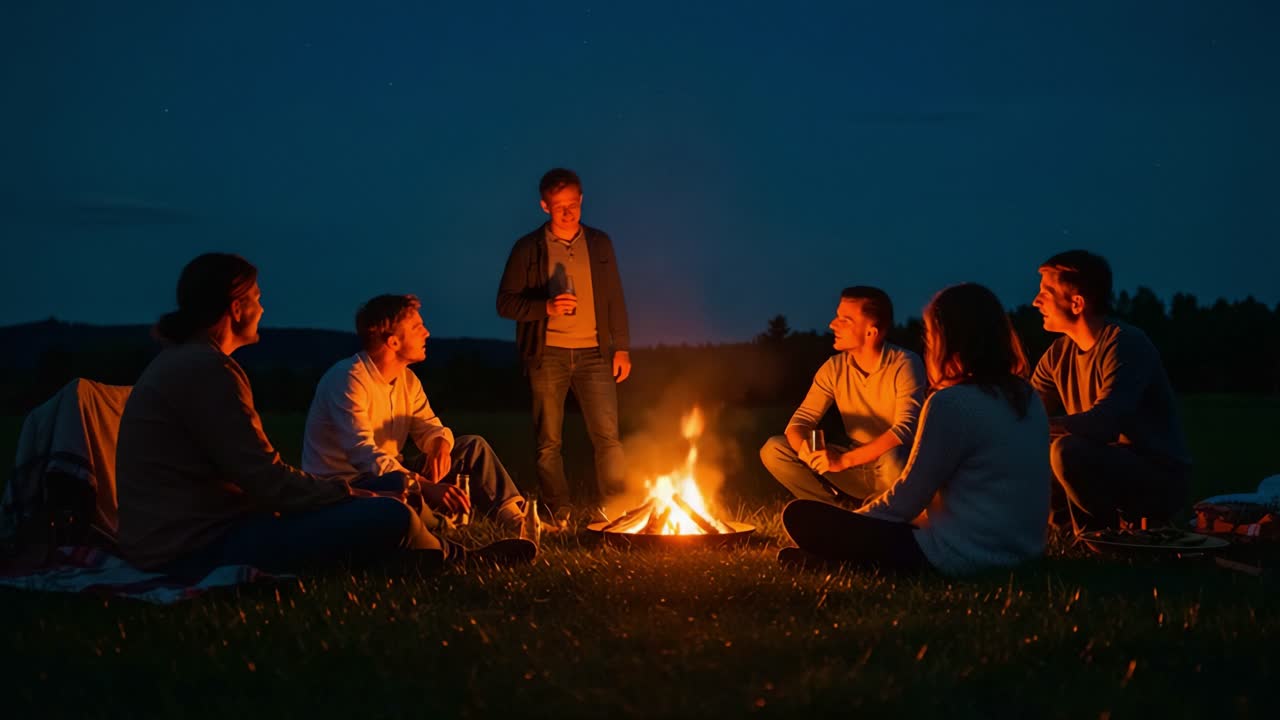 An Evening Gathering Around a Campfire, Where Friends Share Stories and Laughter Under a Starry Sky, Enhancing Bonds in a Relaxed Atmosphere