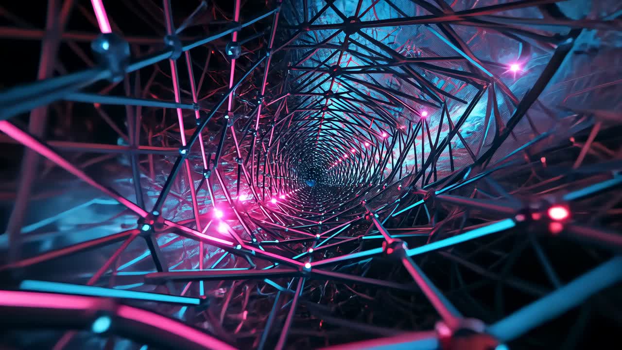 Startup camera gliding inside tunnel lattice, with rods and nodes pulsing cyan magenta glow
