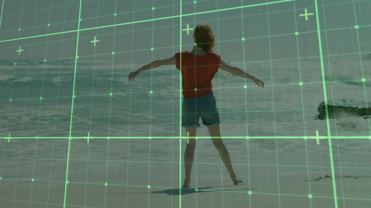 Bambino che gioca in spiaggia, con animazione di sovrapposizione a griglia digitale.