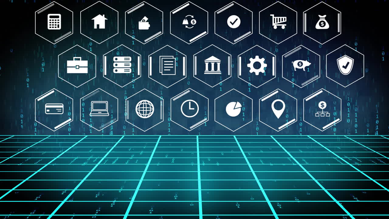 Animation of business icons over data processing on black background