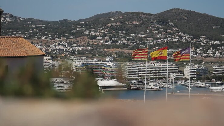 View of a Cityscape with Spanish and Catalan Flags