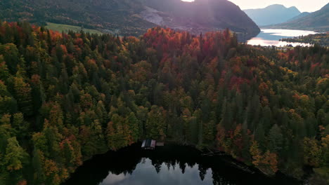 Pan-in-shot-of-visible-lake-edge-near-dense-alpine-forest-in-the-autumn-hills-and-water-bodies-in-the-far-background