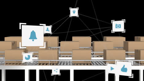 animando iconos de notificación sobre cinta transportadora con cajas de cartón en la fábrica