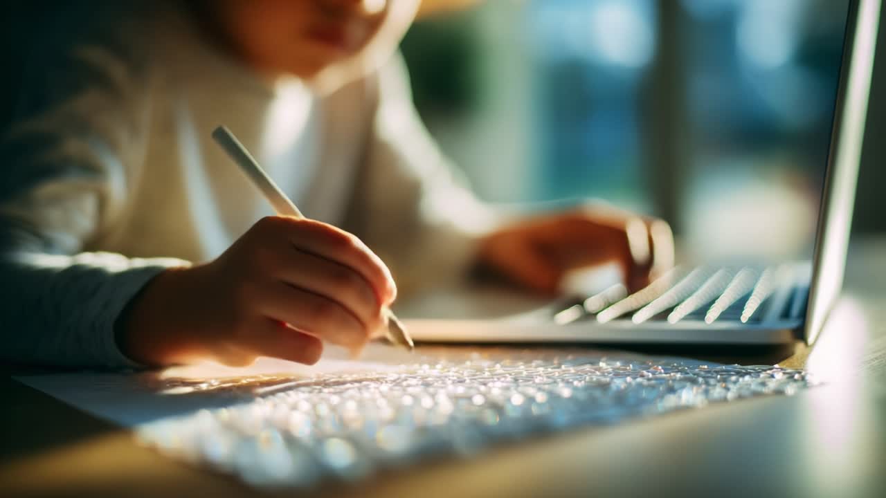 A Child Engaged in Creative Learning: Crafting Ideas with a Pen and Laptop in a Cozy, Well-Lit Space, Highlighting the Joy of Education and Imagination
