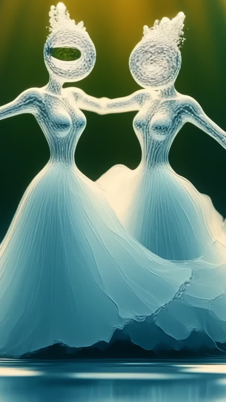 Graceful dancers in water show. Two graceful dancers wearing flowing dresses perform together in a serene, reflective water setting during twilight.