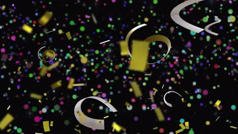 animación de banderas de fiestas y confeti sobre fondo negro