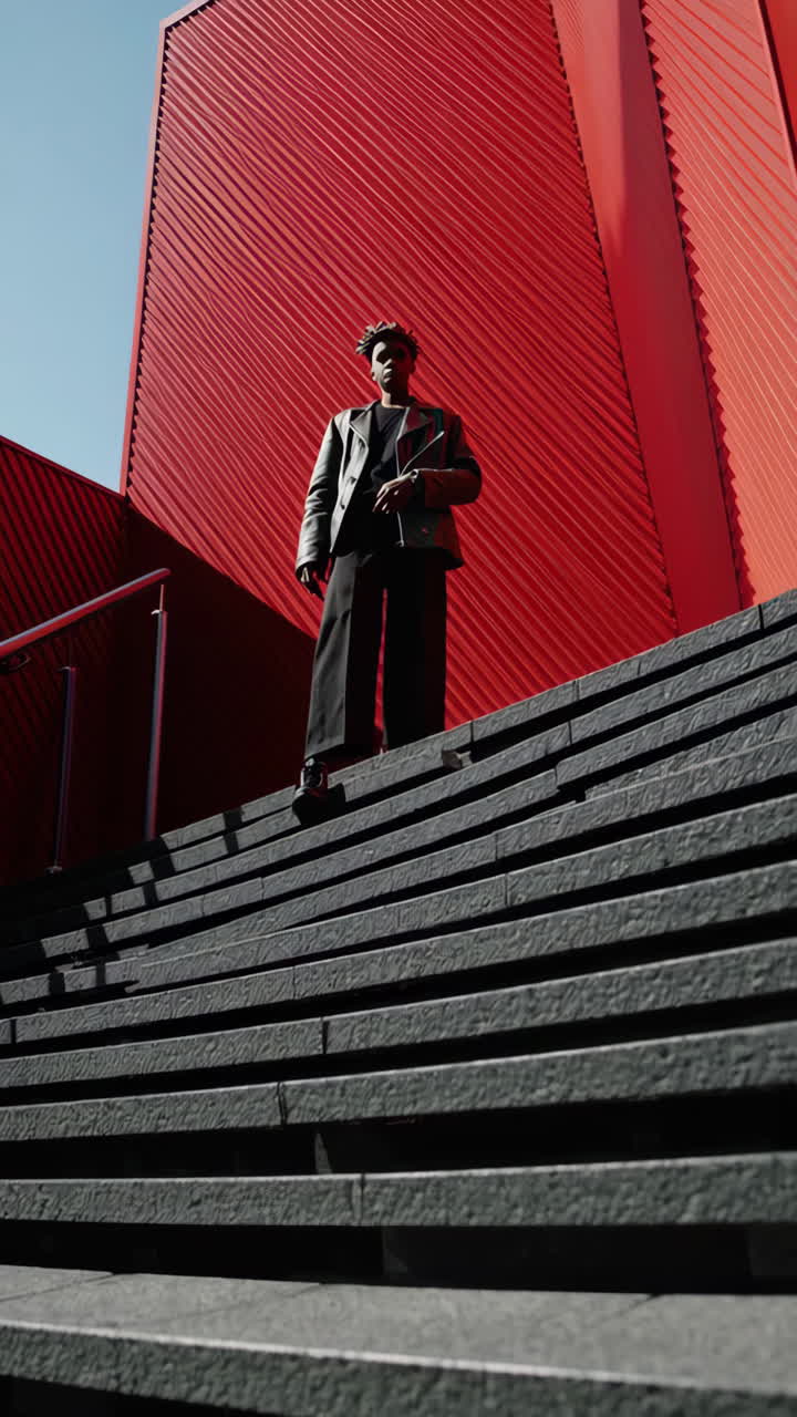 Man standing on urban stairs in front of a red building