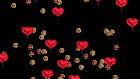 Animation-of-hearts-and-emoticons-floating-over-black-background