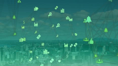 animación de la red de conexiones con iconos sobre el paisaje urbano