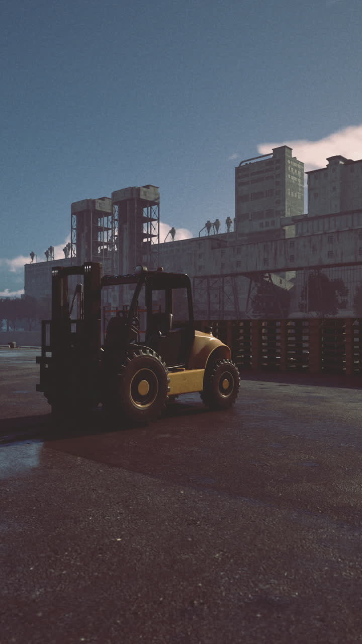 Forklift operating in an industrial area during early morning hours