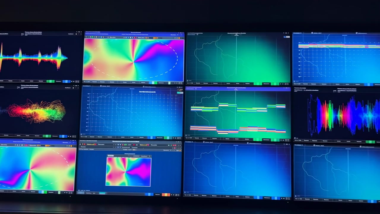 Lenta vista laterale si sposta a destra attraverso una griglia di monitor illuminati che mostrano gradienti vividi, grafici a linee, display a forma d'onda e grafici a strati contro una stanza circostante fioca.