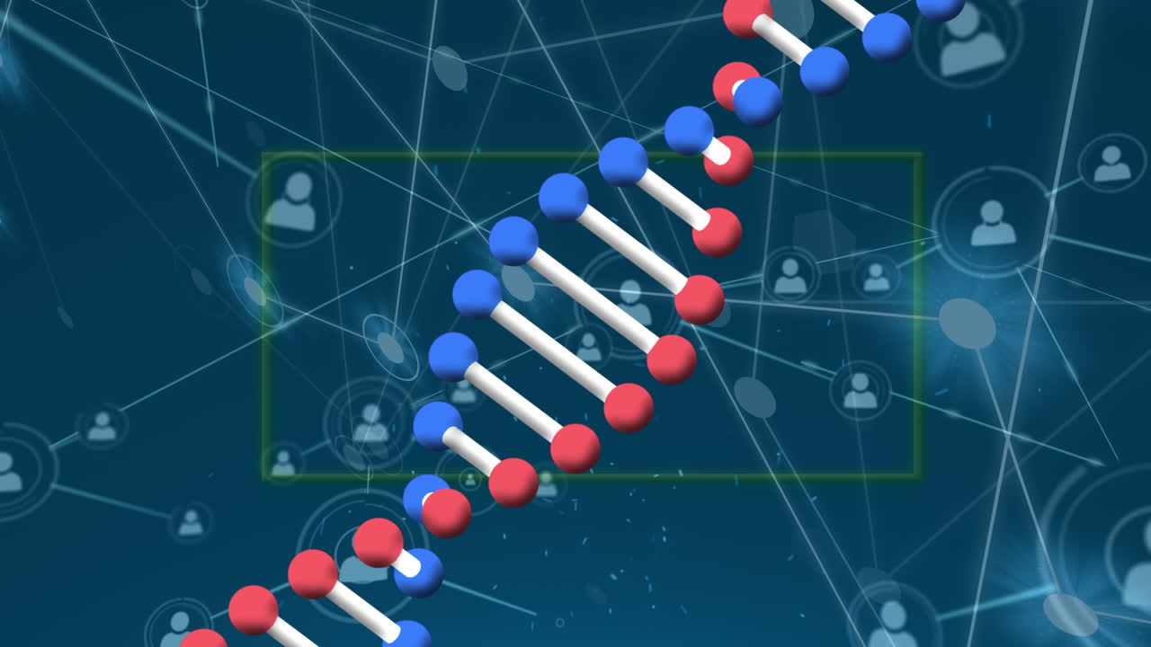 파란색 배경에 회전하는 dna 구조와 프로필 아이콘 네트워크의 애니메이션