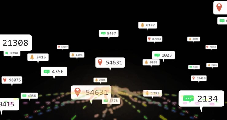 Emerging glowing network cluster sending floating pin, chat, bell callouts updating data metrics