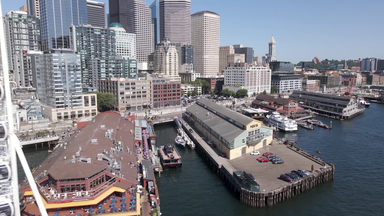 Aerial of Ferris Wheel on Pier in Seattle