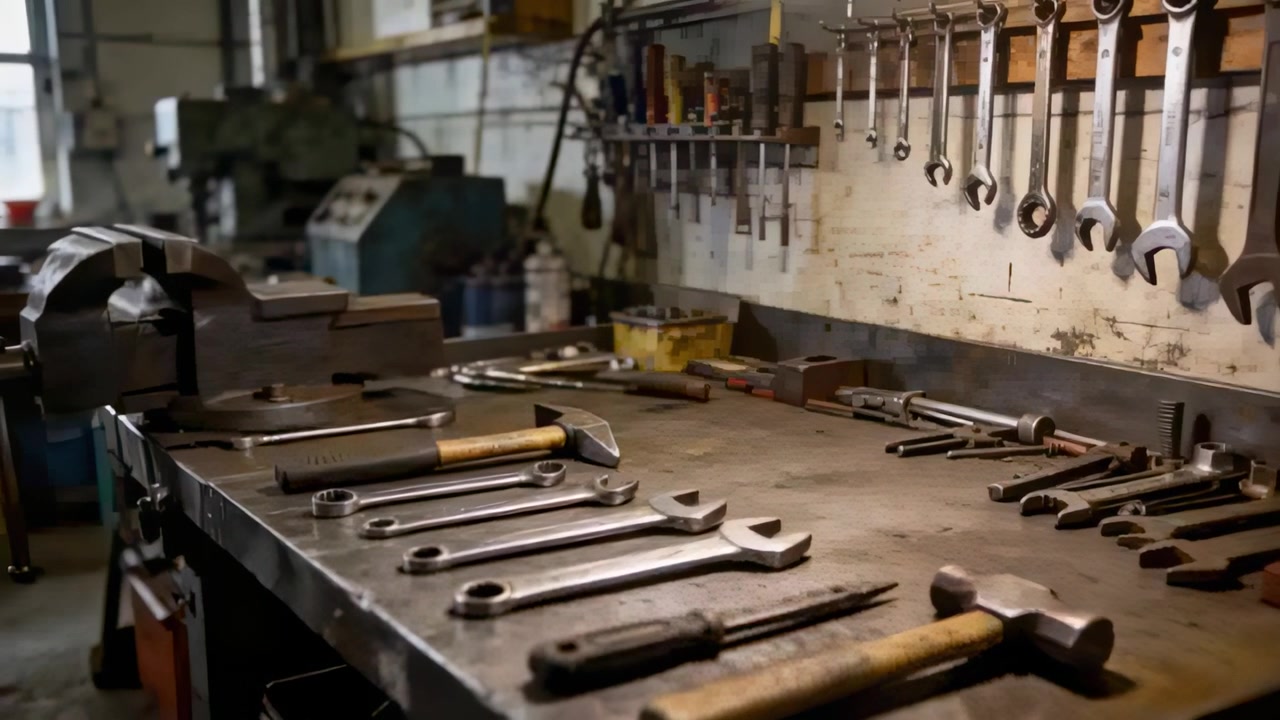 Sliding camera revealing metal workbench at shop, showing bench vise and hand tools for inspection