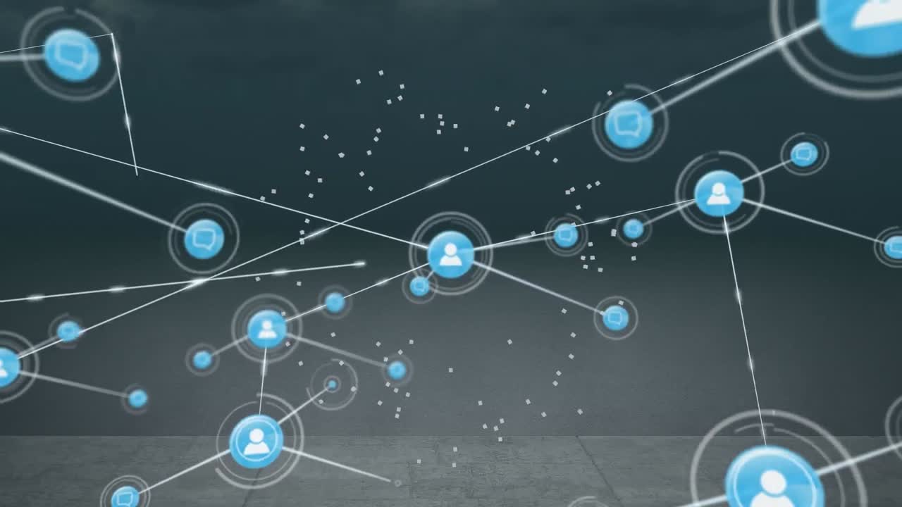 점이 있는 회색 배경 위에 아이콘으로 연결된 네트워크의 애니메이션